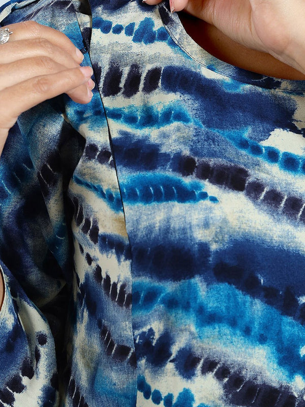 Be You Tie and Dye Printed Round Neck Bell Sleeves Maternity Fit & Flare Midi Dress