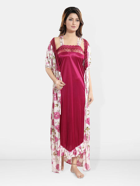Be You Floral Printed Satin Wrap Nightdress With Robe