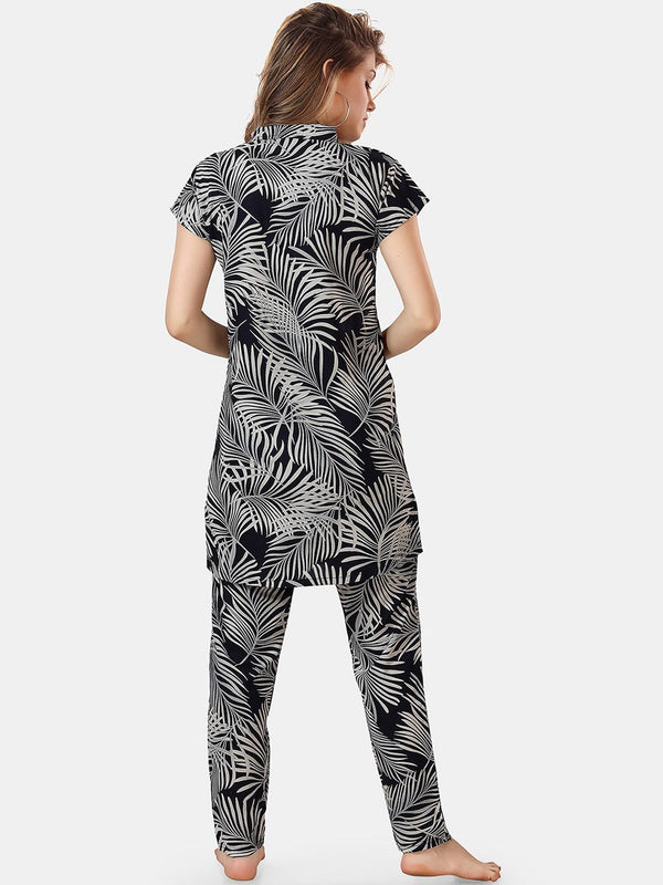 Be You Tropical Printed Mandarin Collar Longline Night Suit