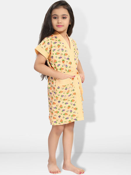 Be You Strawberry Print Cream Conversational Cotton Drawstring Knee Length Bath Robe