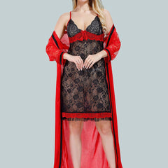 Be You Solid Lace Details Satin Nighty with Robe