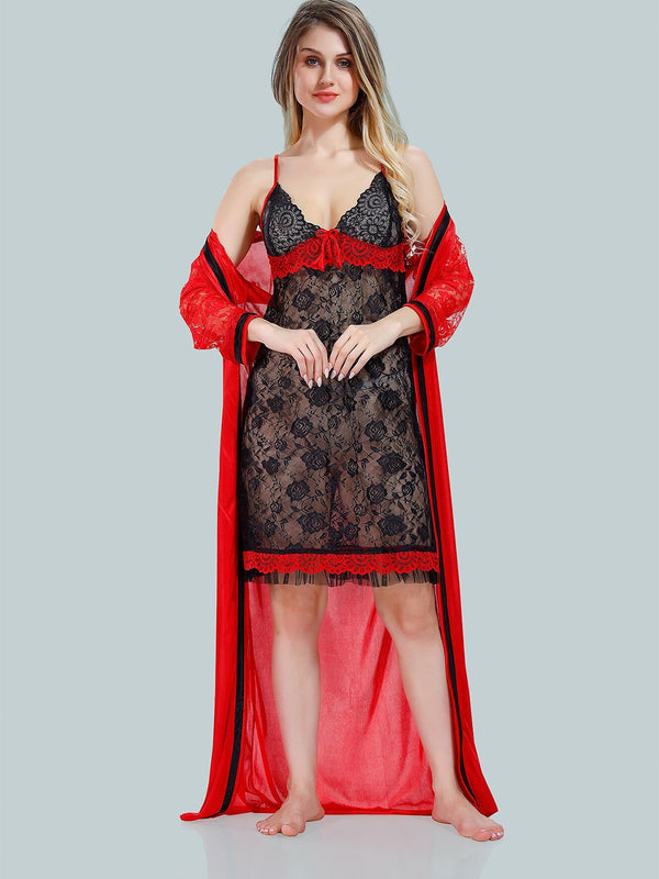 Be You Solid Lace Details Satin Nighty with Robe