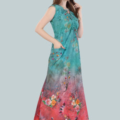 Be You Women Turquoise Blue Printed Maxi Nightdress BUF-GOWN-2361