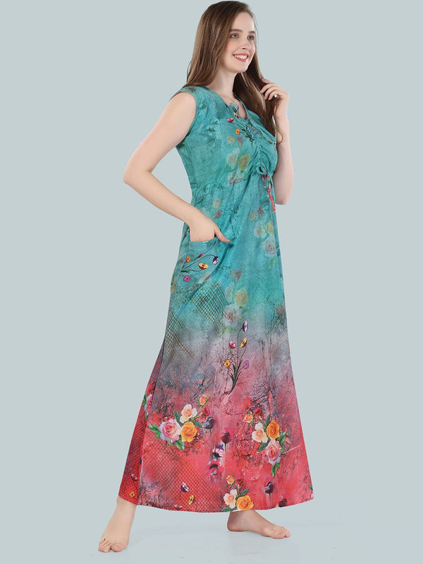 Be You Women Turquoise Blue Printed Maxi Nightdress BUF-GOWN-2361