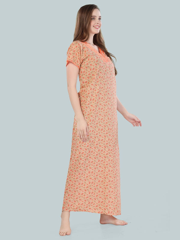 Be You Women Orange Printed Maxi Nightdress