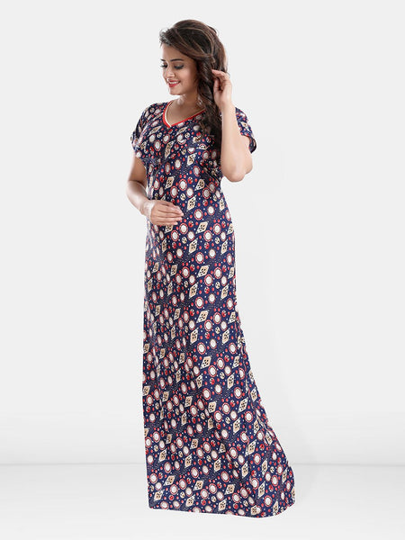 Be You Geometric Printed Satin Maternity Feeding Maxi Nightdress