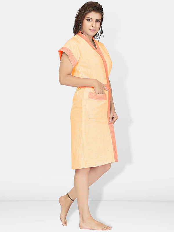 Be You Two-Tone Peach Solid Cotton Drawstring Knee Length Bath Robe-L/XL