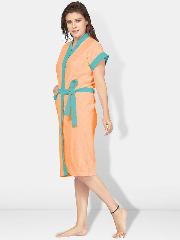 Be You Two-Tone Peach Solid Cotton Drawstring Knee Length Bath Robe-L/XL