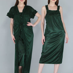 Be You Women Green Solid Satin Maxi Nightdress With Robe