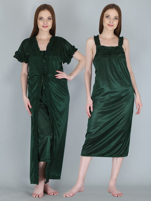 Be You Women Green Solid Satin Maxi Nightdress With Robe