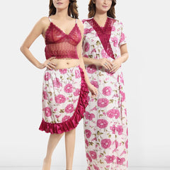 Be You Floral Self Design Satin Cami With Skirt & Robe