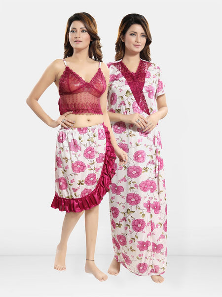 Be You Floral Self Design Satin Cami With Skirt & Robe