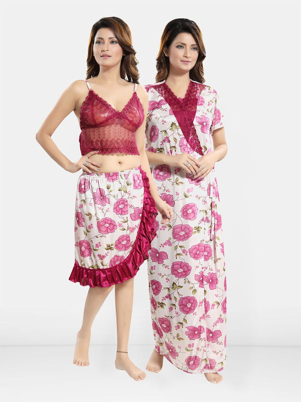 Be You Floral Self Design Satin Cami With Skirt & Robe