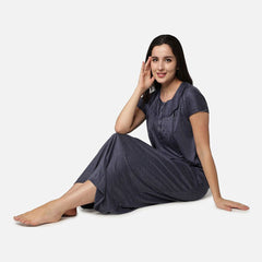 Be You Women Blue Printed Cotton Blend Maxi Maternity Nightdress