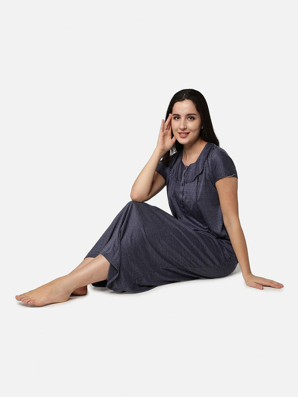 Be You Women Blue Printed Cotton Blend Maxi Maternity Nightdress