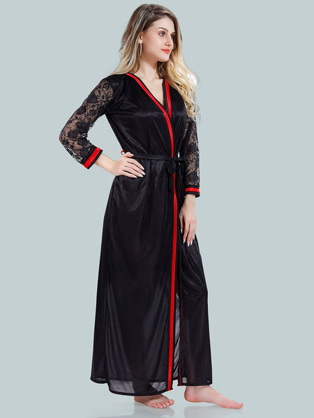 Be You V-Neck Lace Up Details Satin Baby Dolls With Robe