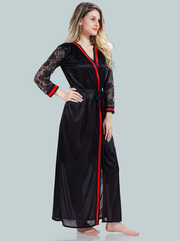 Be You V-Neck Lace Up Details Satin Baby Dolls With Robe