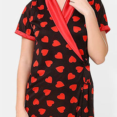 Be You Satin Hearts Print Night Robe For Women Printed Maxi Nightdress