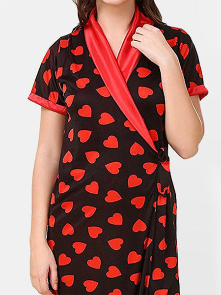 Be You Satin Hearts Print Night Robe For Women Printed Maxi Nightdress