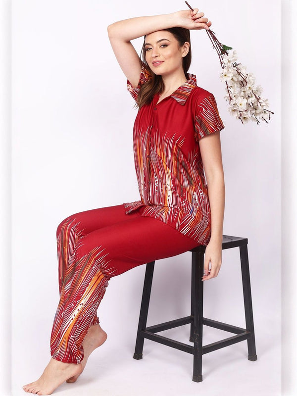 Be You Women Maroon Printed Satin Night suit