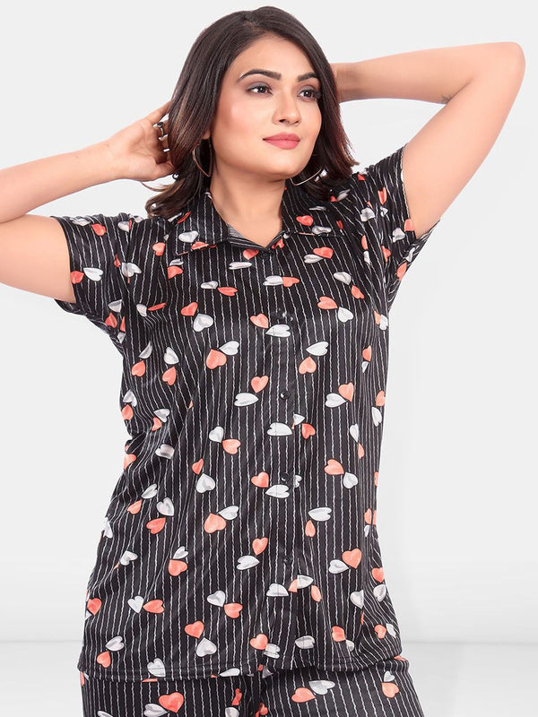 Be You Women Satin Printed Shirt & Pyjamas Night suit