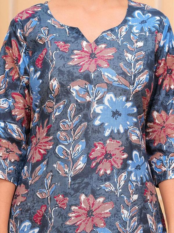 Be You Floral Printed Notch Neck Straight Kurta With Trousers
