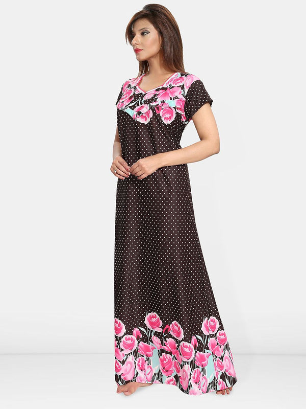 Be You Women Satin Printed Short Sleeves Maxi Maternity Nightdress