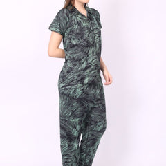 Be You Women Green Satin Shirt Collar Short Sleeves Causal Night Suit