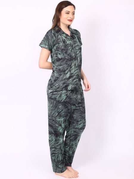 Be You Women Green Satin Shirt Collar Short Sleeves Causal Night Suit