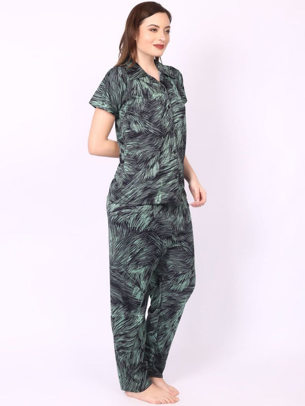 Be You Women Green Satin Shirt Collar Short Sleeves Causal Night Suit