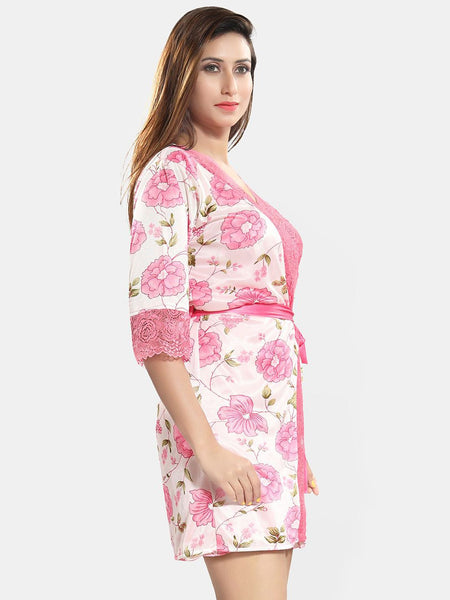Be You Women Floral Printed Sleeveless Satin Wrap Nightdress With Robe