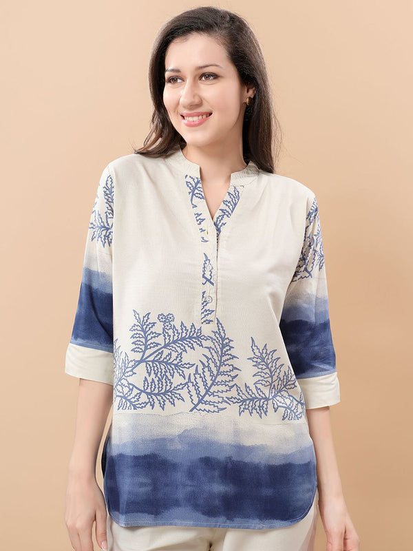 Be You Printed Mandarin Collar Tunic With Trousers