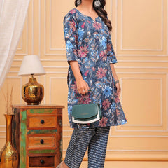 Be You Floral Printed Notch Neck Straight Kurta With Trousers