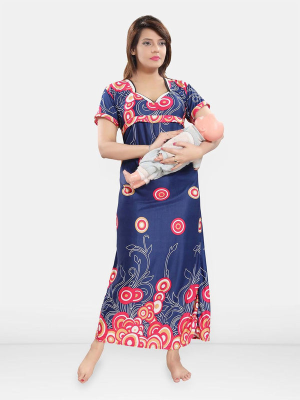 Be You Printed Women Satin Maternity Maxi Nightdress