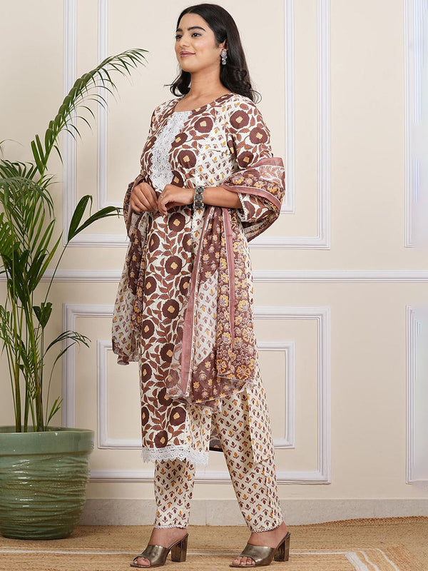 Be You Floral Printed Round Neck Straight Kurta With Trousers And Dupatta