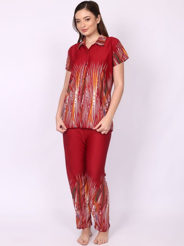 Be You Women Maroon Printed Satin Night suit