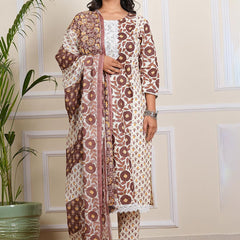 Be You Floral Printed Round Neck Straight Kurta With Trousers And Dupatta