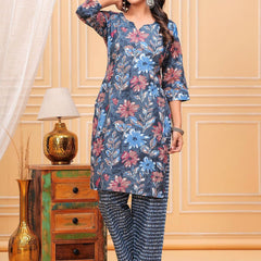 Be You Floral Printed Notch Neck Straight Kurta With Trousers