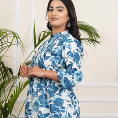 Be You Floral Print Mandarin Collar Roll-Up Sleeves Accordion Pleats A-Line Top