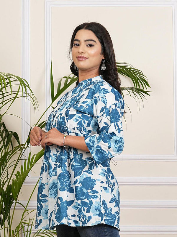 Be You Floral Print Mandarin Collar Roll-Up Sleeves Accordion Pleats A-Line Top