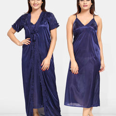 Be You Women Satin Shoulder Straps Maxi Wrap Nightdress with Robe