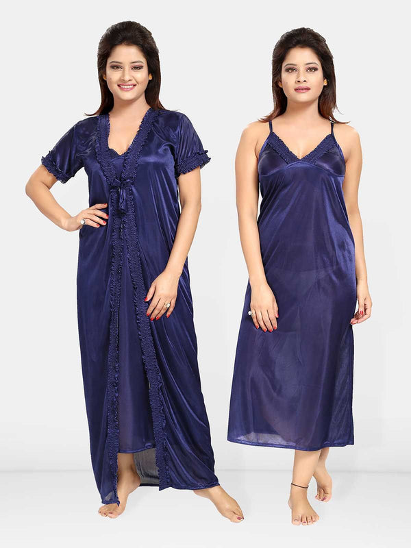 Be You Women Satin Shoulder Straps Maxi Wrap Nightdress with Robe