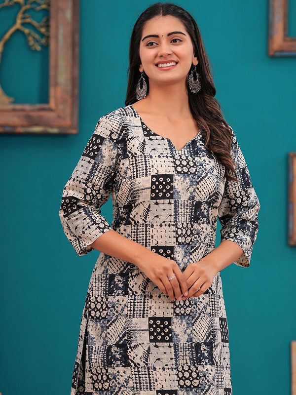 Be You Women Abstract Printed Notch Neck Straight Kurta With Trousers
