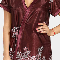 Be You Set Of 3 Women Satin Floral Printed Above Knee Wrap Nightdress with Lingerie Set