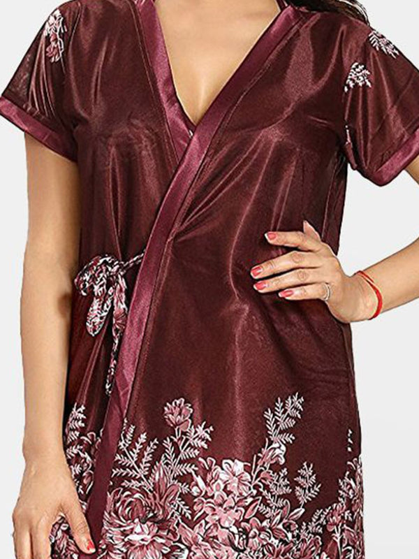 Be You Set Of 3 Women Satin Floral Printed Above Knee Wrap Nightdress with Lingerie Set