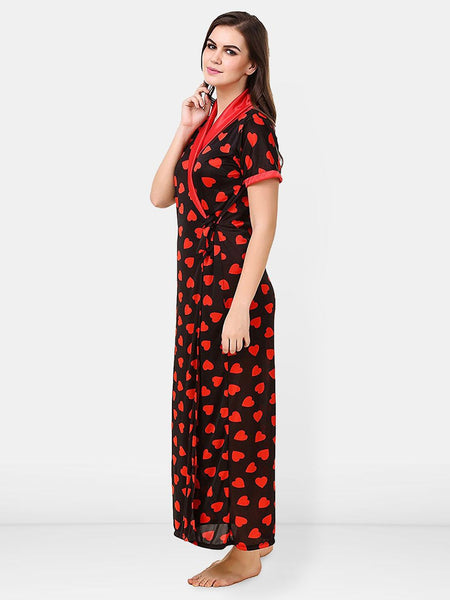 Be You Satin Hearts Print Night Robe For Women Printed Maxi Nightdress