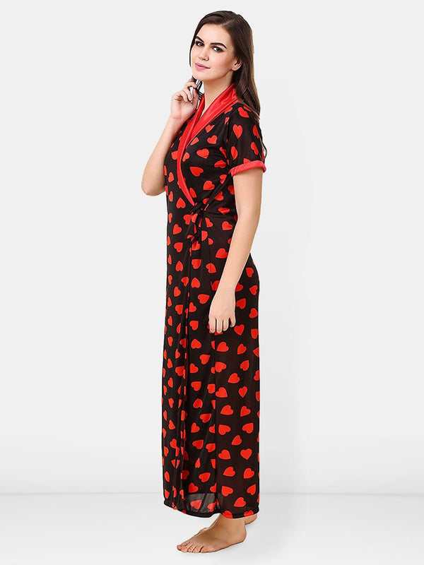 Be You Satin Hearts Print Night Robe For Women Printed Maxi Nightdress