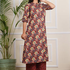 Be You Floral Printed Band Collar A-line Kurta With Palazzos