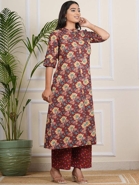 Be You Floral Printed Band Collar A-line Kurta With Palazzos