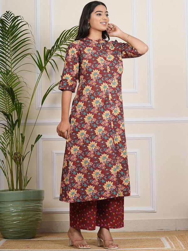 Be You Floral Printed Band Collar A-line Kurta With Palazzos